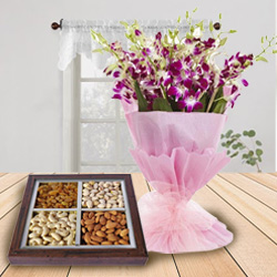 Stunning Orchids Bouquet N Dry Fruits Tray  to Marmagao