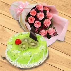 Bouquet of 10 Pink Roses with 1 kg Kiwi Cake to Irinjalakuda