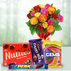 Gorgeous mixed Roses with mouth watering assorted Cadburys Chocolate to Cooch Behar