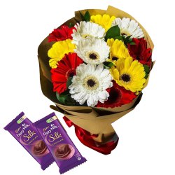 Classic Gift of Mixed Gerberas Bunch with Dairy Milk Silk to Karunagapally