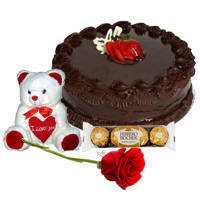 Tasty Chocolate Cake with Teddy, Ferrero Rocher N Red Rose to Ambattur