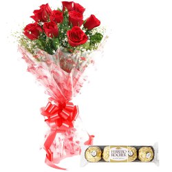 Delectable Ferrero Rocher with Red Roses Bouquet to Muvattupuzha