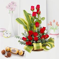 Romantic Arrangement of Red Roses with Ferrero Rocher to Muvattupuzha
