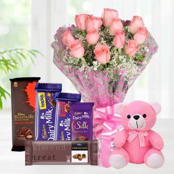 Exclusive Teddy with Pink Roses Bouquet N Mixed Cadbury Chocolates to Tirur
