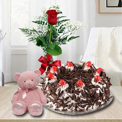 Luscious Black Forest Cake with Single Red Rose and a Small Teddy Bear to Ambattur