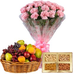 Pleasant Selection of Fresh Fruits Basket with Mixed Dry Fruits and Pink Carnations Basket to Alwaye