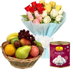 Yummy Haldirams Rasgulla and Mixed Fruits Basket with Bunch of Roses to Irinjalakuda