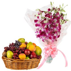 Beautiful Orchids Bouquet with Fresh Fruits Basket to Muvattupuzha