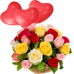Spectacular Red Heart Shaped Balloons with Colorful Roses to Irinjalakuda