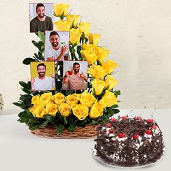 Spectacular Basket of Yellow Roses n Personalized Pic with Black Forest Cake to Palani