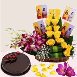 Radiant Mixed Flowers n Personalized Photo Basket with Truffle Cake to Nipani