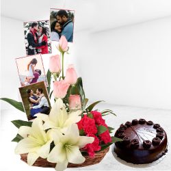 Breathtaking Mixed Roses N Personalized Photos Arrangement n Chocolate Cake to Tirur