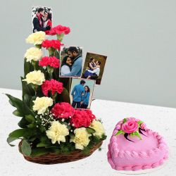 Stunning Mixed Carnations and Personalized Photo Basket with Love Strawberry Cake to Uthagamandalam