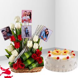 Classy Arrangement of Mixed Roses N Personalized Photos with Pineapple Cake to Perintalmanna