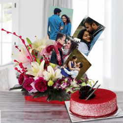 Splendid Personalized Picture n Mixed Flowers Basket with Red Velvet Cake to Irinjalakuda