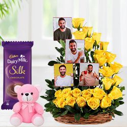 Beautiful Basket of Roses n Personalized Pictures with Cute Teddy and Cadbury Silk to Muvattupuzha