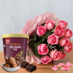 Soft Pink Roses with Kwality Walls Choco Brownie Fudge Ice Cream to Cooch Behar