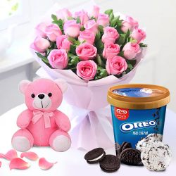 Delectable Kwality Walls Oreo Ice Cream with Pink Roses Bouquet n Love Teddy to Palani