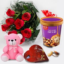 Heavenly Red Roses n Kwality Walls Twin Flavor Ice Cream with Teddy n Handmade Chocolates to Marmagao