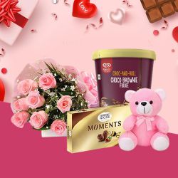 Stunning Pink Roses n Kwality Walls Choco Brownie Ice Cream with Ferrero Moments n Teddy to Muvattupuzha