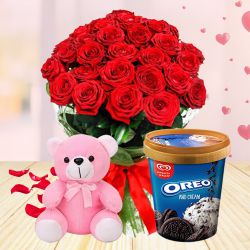 Impressive Kwality Walls Oreo n Cream Ice Cream with Red Roses Bouquet n Teddy to Uthagamandalam