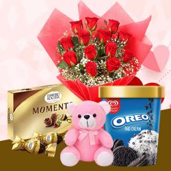 Special Red Roses n Kwality Walls Oreo Ice Cream with Ferrero Moments n Teddy to Muvattupuzha