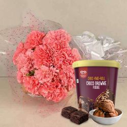 Fragrant Pink Carnations Bouquet with Choco Brownie Fudge Ice Cream from Kwality Walls to Muvattupuzha
