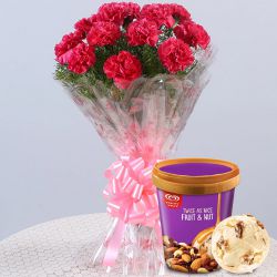 Dazzling Red Carnations Bouquet with Fruit n Nut Ice-Cream from Kwality Walls to Alwaye
