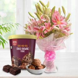 Mesmerizing Pink Lilies Bouquet with Choco Brownie Fudge Ice Cream from Kwality Walls to Rajamundri