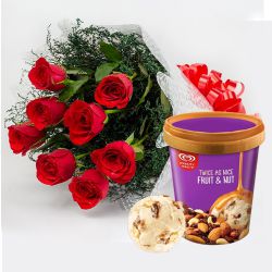 Radiant Red Roses Bouquet with Fruit n Nut Ice-Cream from Kwality Walls to Alwaye