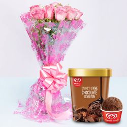 Blooming Pink Roses Bouquet with Chocolate Ice-Cream from Kwality Walls to Punalur