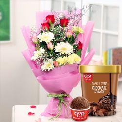 Multi-coloured Flower Arrangement with Chocolate Ice-Cream from Kwality Walls to Marmagao