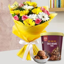 Magnificent Mixed Flower Arrangement with Choco Brownie Fudge Ice Cream from Kwality Walls to Irinjalakuda