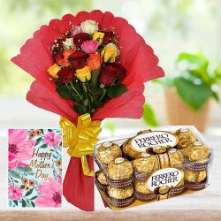 Moms Special Gift of Mixed Roses Bouquet with Ferrero Rocher N Wishes Card to Muvattupuzha