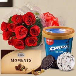 Exotic Red Roses Bouquet n Kwality Walls Ice Cream with  Ferrero Rocher Moments to Ambattur