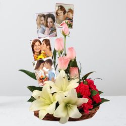 Spectacular Mixed Flowers N Personalized Photos Basket to Muvattupuzha