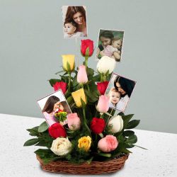 Dazzling Mixed Roses Basket with Personalized Photos to Punalur