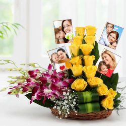 Exotic Orchids n Roses with Personalized Pics in Basket to Ambattur