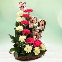 Classic Red n Yellow Carnations n Personalized Photos Basket to Irinjalakuda