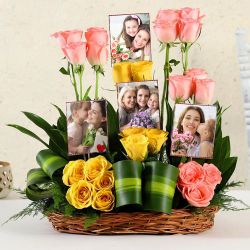 Stylish Pink n Yellow Roses with Personalized Pics in Basket to Marmagao