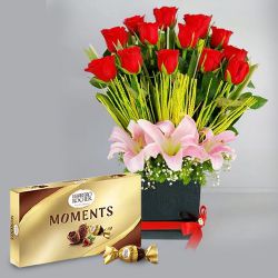 Premium Red Roses n Pink Lilies Gift Box with Ferrero Rocher Moment to Marmagao