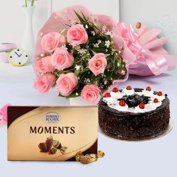 Chocolaty Cake with Pink Roses Bouquet N Ferrero Rocher Moments to Irinjalakuda