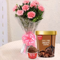 Classic Pink Carnation Bouquet with Kwality Walls Chocolate Ice Cream to Cooch Behar