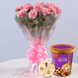 Mesmerizing Pink Carnation Bouquet with Kwality Walls Fruit n Nut Ice Cream to Palani