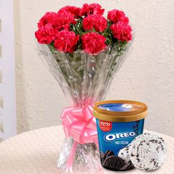 Artistic Red Carnation Bouquet With Kwality Walls Oreo Ice Cream to Ambattur