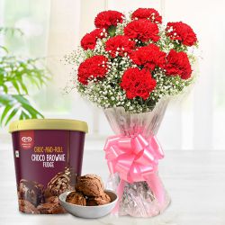 Majestic Red Carnation Bouquet With Kwality Walls Choco Brownie Fudge Ice Cream to Nipani
