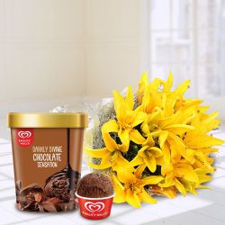 Mesmerizing Yellow Lily Bouquet with Chocolate Ice-Cream from Kwality Walls to Muvattupuzha