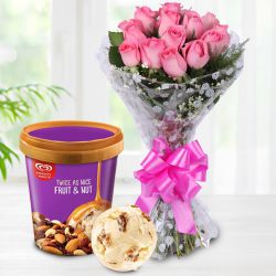 Lovely Pink Roses Bouquet with Fruit n Nut Ice-Cream from Kwality Walls to Muvattupuzha