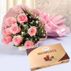 Beautiful Pink Roses Bouquet with Ferrero Rocher Moment Chocolate Box to Muvattupuzha