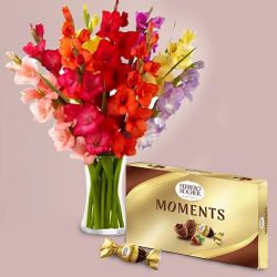 Beautiful Mixed Gladiolus in Glass Vase with Ferrero Rocher Moments to Perumbavoor